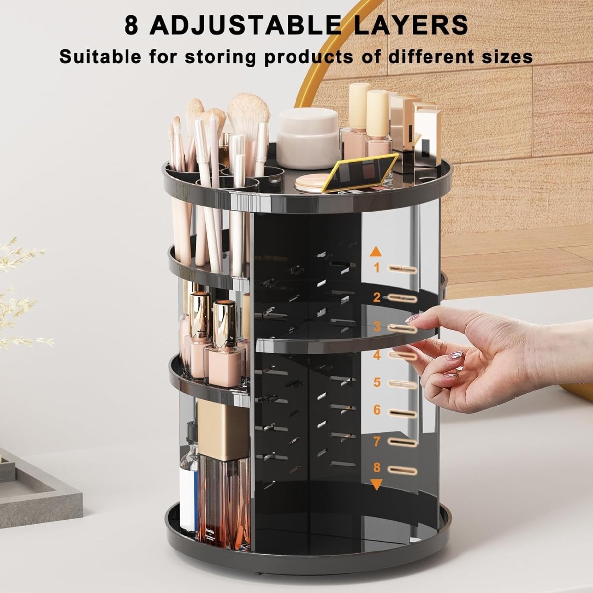 Rotating Makeup Organizer, DIY 8 Adjustable Layers Spinning Skincare Organizer, Cosmetic Display Case with Brush Holder Perfume Tray, Multi - Function Storage Carousel for Vanity Bathroom Countertop - Homesidy.com