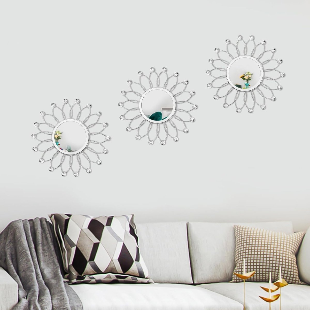 3 Pack Metal Mirrors for Wall Sunburst Wall Mirrors Home Décor Decorative Hanging Wall Art for Living Room Bedroom Entryway (Gold, Flower Sunburst) - Homesidy.com