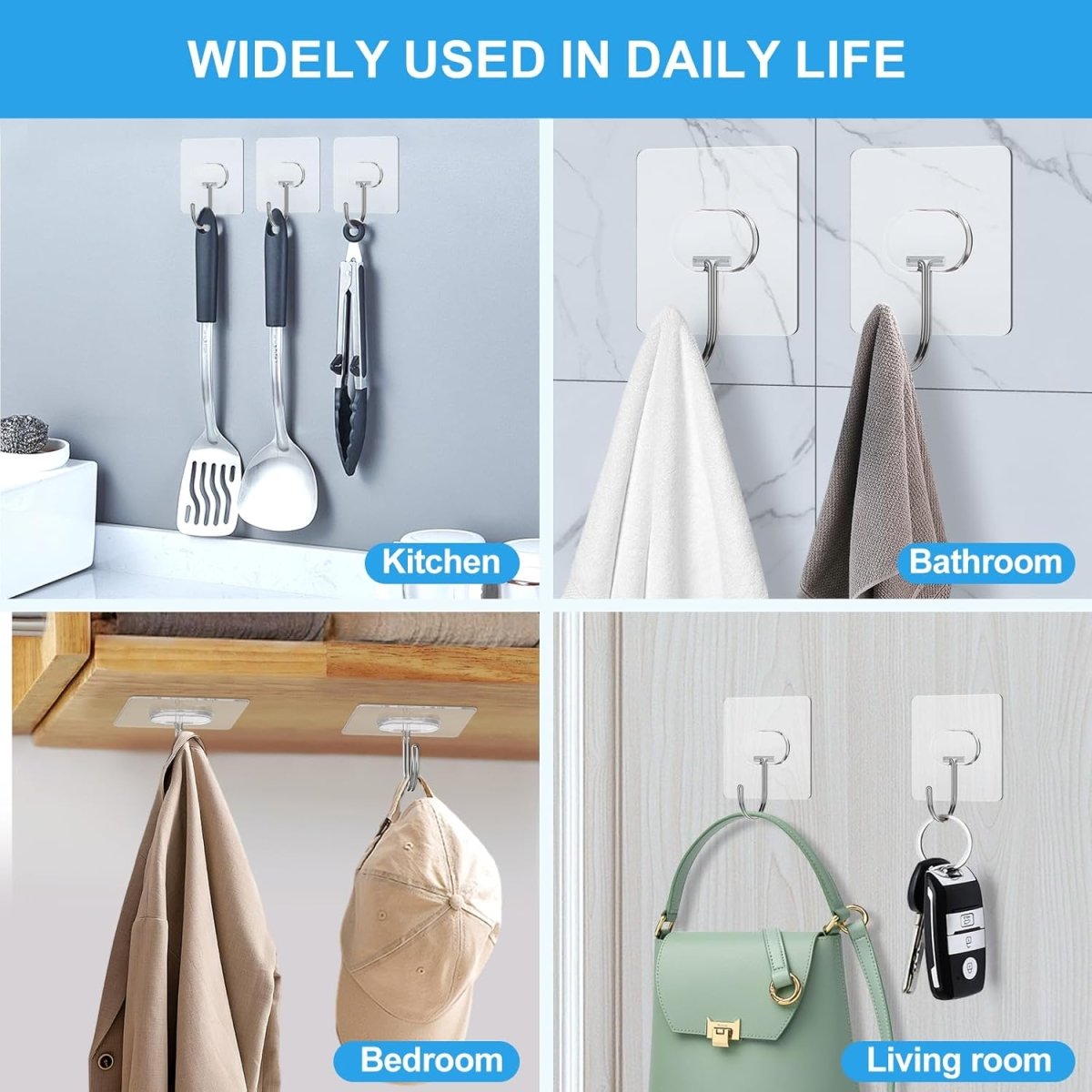 Adhesive Hooks for Hanging Heavy Duty Wall Hooks Self Adhesive Towel Coat Hooks Waterproof Transparent Hook for Bathroom Shower Kitchen Keys Door Outdoor Home Improvement Utility Hook 12 Pack - Homesidy.com