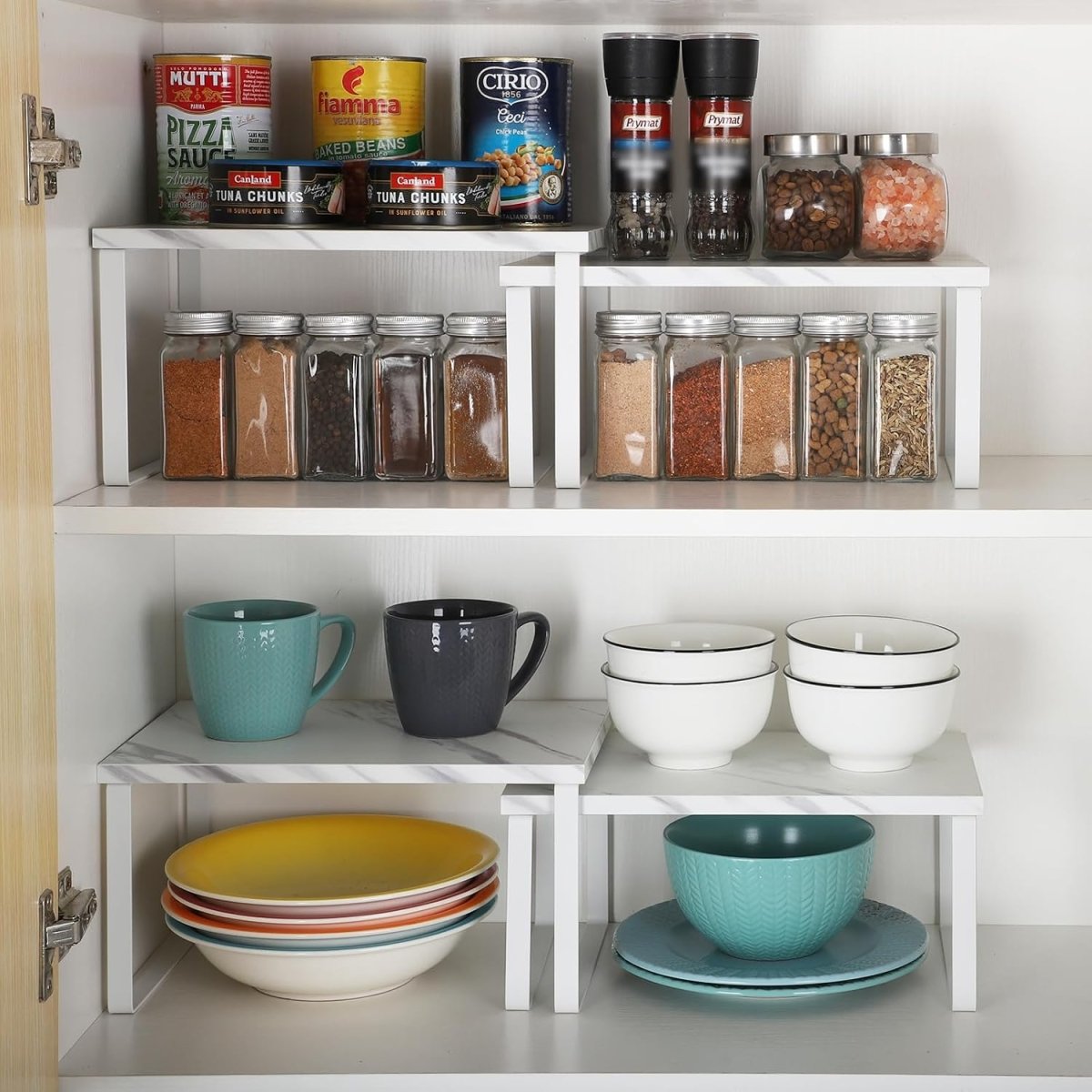 NEX Bamboo Kitchen Cabinet and Counter Shelf Organizer, Stackable &amp; Expandable, Set of 4, White and Natural - Homesidy.com