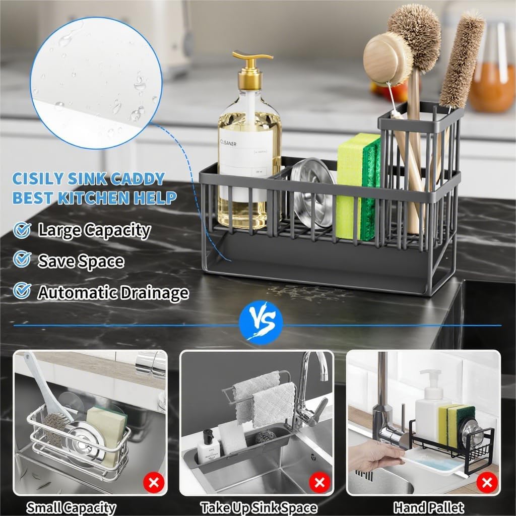 Cisily Kitchen Sink Caddy Organzier with High Brush Holder, Sponge Holder for Sink, 304 Rustproof Stainless, Kitchen Countertop Soap Dispenser Organizer, Kitchen Decor and Accessories - Homesidy.com