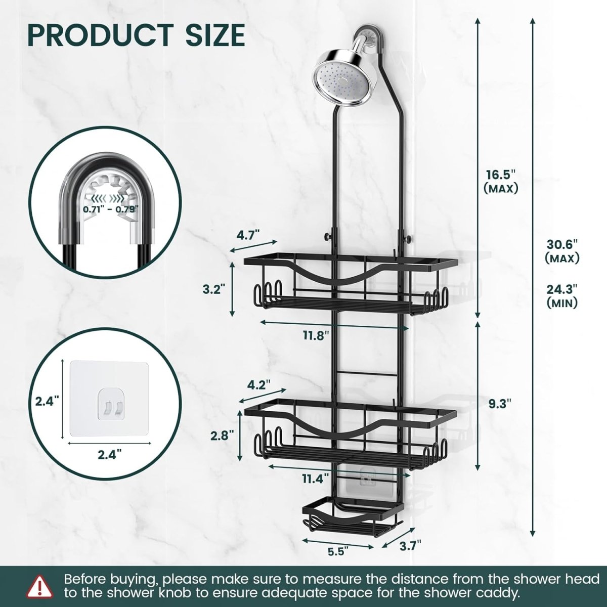 Shower Caddy Hanging Adjustable Shower Caddy, Rustproof Shower Organizer Extended Length Shower Caddy Over Shower Head with Hooks Soap Holder, Large Capacity Anti - Swing Bathroom Organizer, Black - Homesidy.com