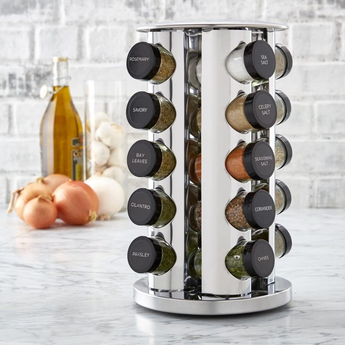 Kamenstein 20 Jar Revolving Countertop Spice Rack with Spices Included, FREE Spice Refills for 5 Years, Polished Stainless Steel with Black Caps, 30020 - Homesidy.com