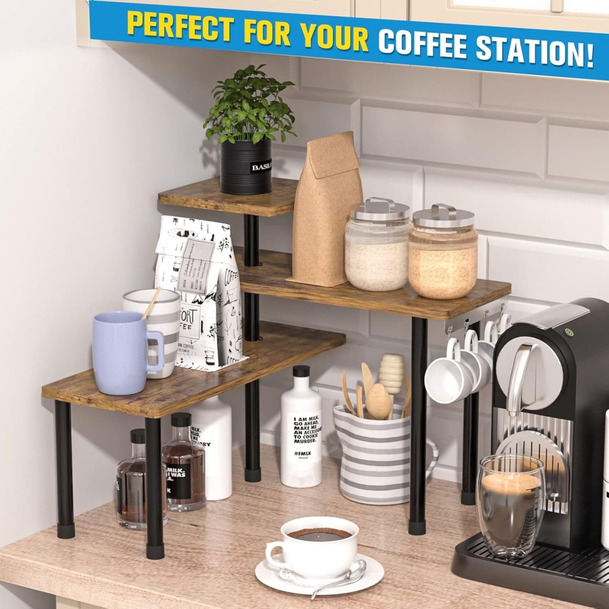 JayRex Countertop Organizer Organization, 3 Tier Moveable Corner Shelf Organizer for Kitchen, Bathroom, Spice Rack, Coffee Area, Over Sink, Dresser Table (Rustic Brown) - Homesidy.com