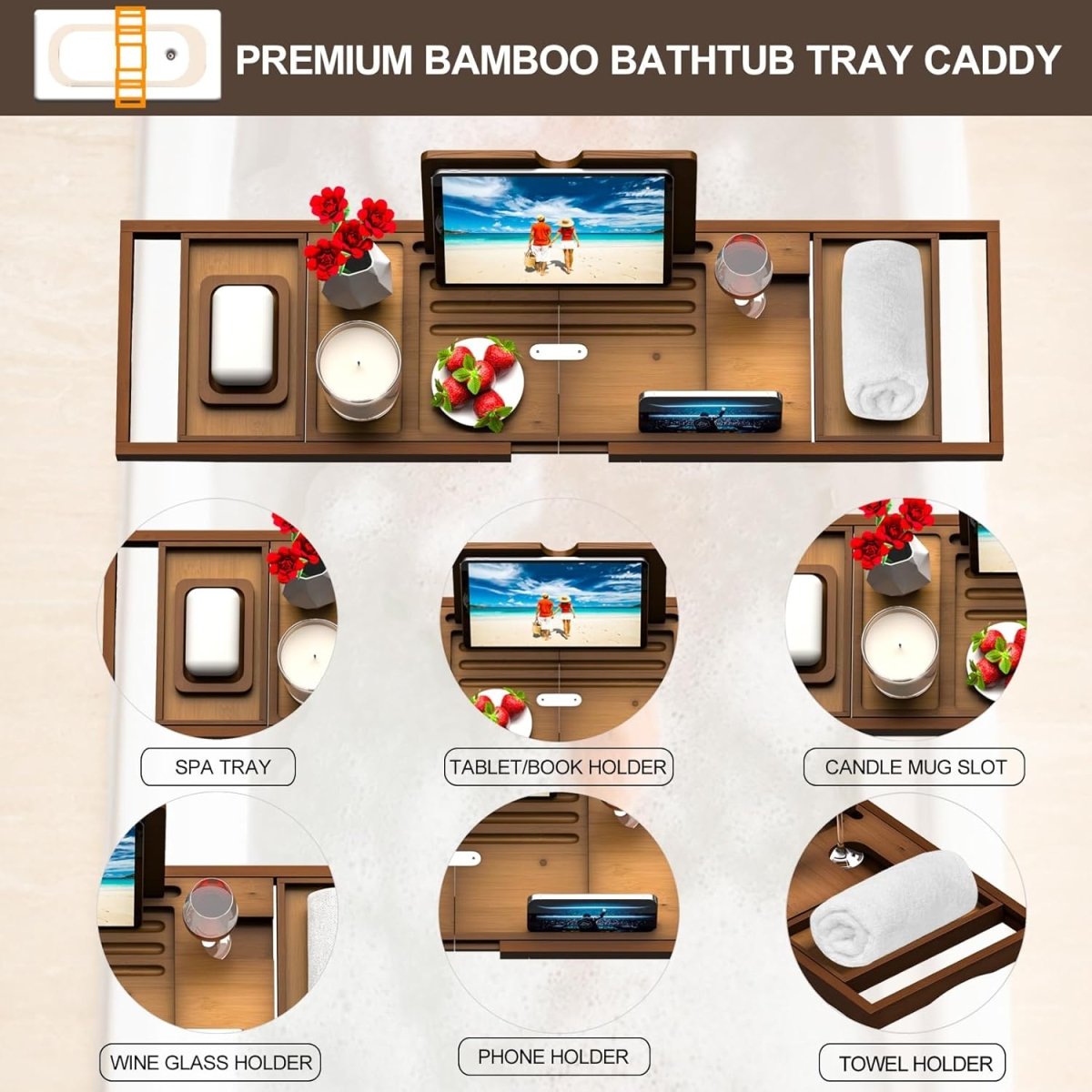 Premium Bamboo Bathtub Tray Caddy - Bath Tub Tray Table for Bathtub - Bath Caddy Tray for Bathtub, Expandable Size, Fits Most Bath Tubs - Homesidy.com