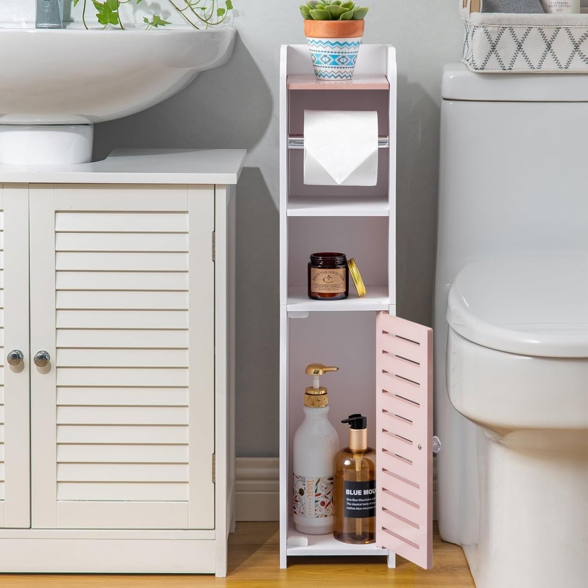 AOJEZOR Toilet Paper Holder Stand: No Drill PVC Small Bathroom Cabinet for Apartment Dwellers - Rental Deposit Protection - Small Space Storage Saving - Homesidy.com