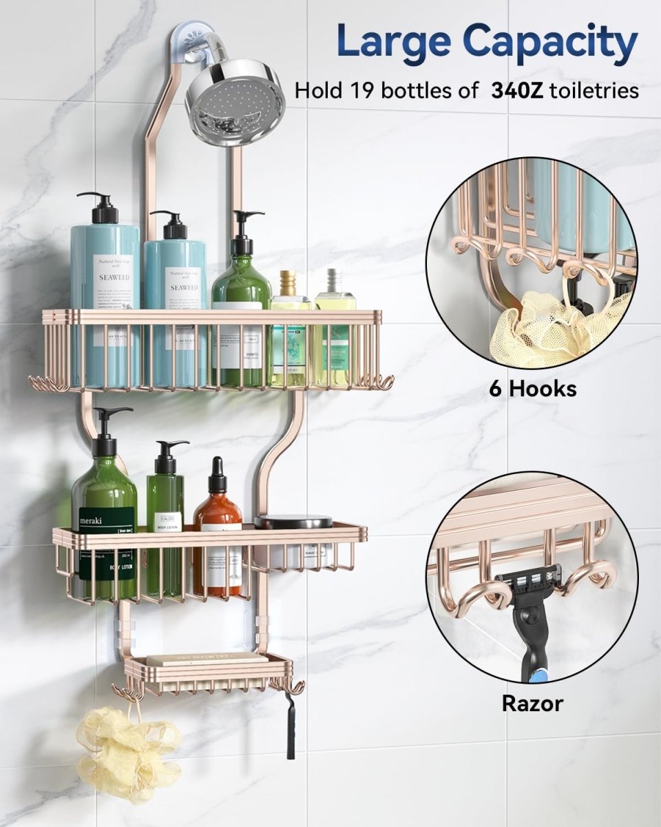 YASONIC Shower Caddy Hanging - Never Rust Shower Organizer - Aluminum Over The Head Caddy with 10 Hooks for Razor/Sponge - Rack with Soap Basket - Silver - Homesidy.com