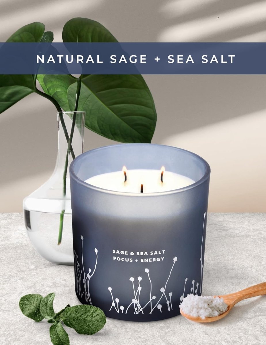 White Sage Sea Salt 3 Wick Candle - Large Soy Scented Candle 14.5 oz - Sage Candle for Cleansing House - Aromatherapy Energy Cleansing Candle for Home, Stress Relief, Women &amp; Men - Homesidy.com
