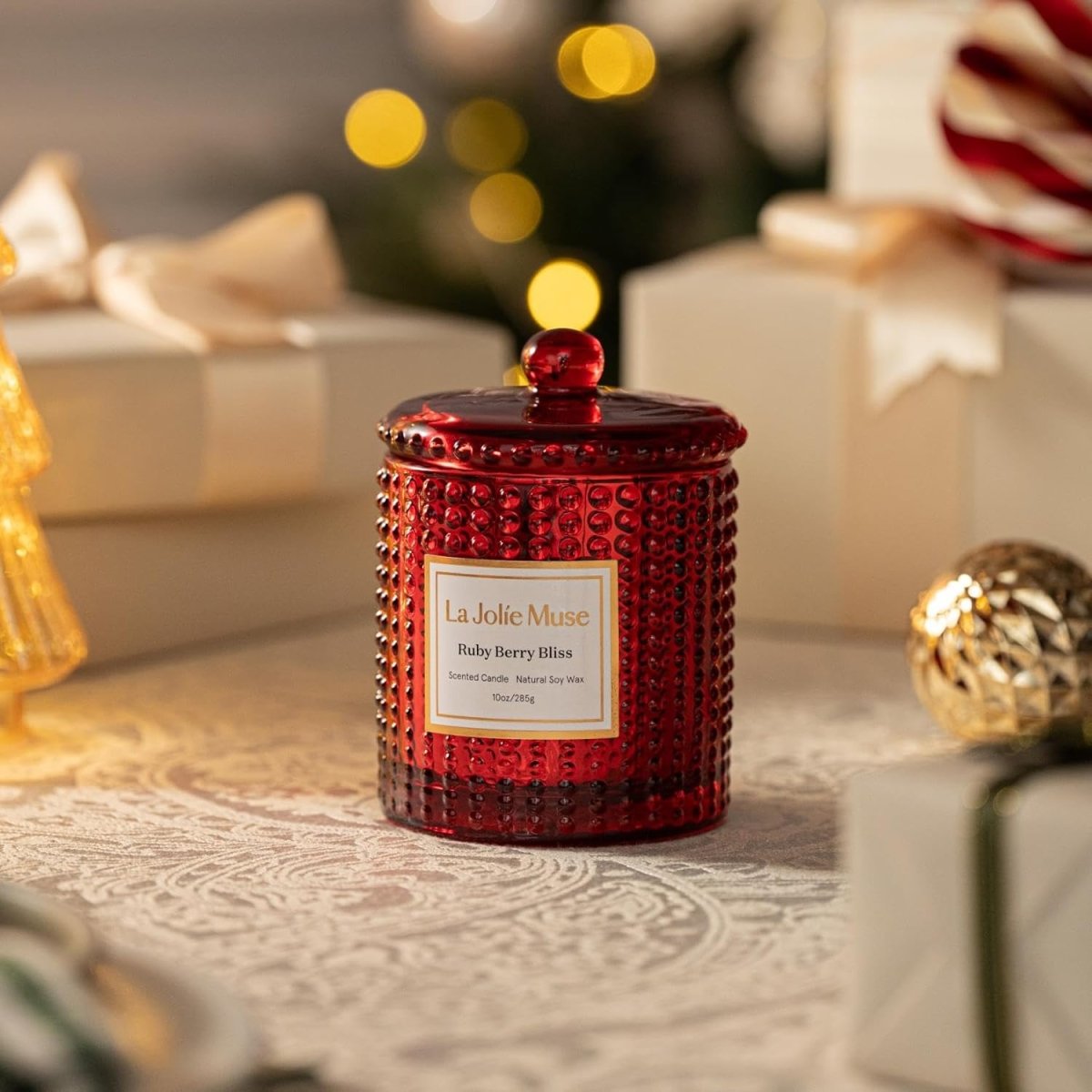 LA JOLIE MUSE Christmas Candle | Ruby Berry Bliss | Mandarin Cranberry &amp; Plum | 10 oz Festive Candle | 55 Hours Clean Burn | Gift for Women &amp; Family - Homesidy.com