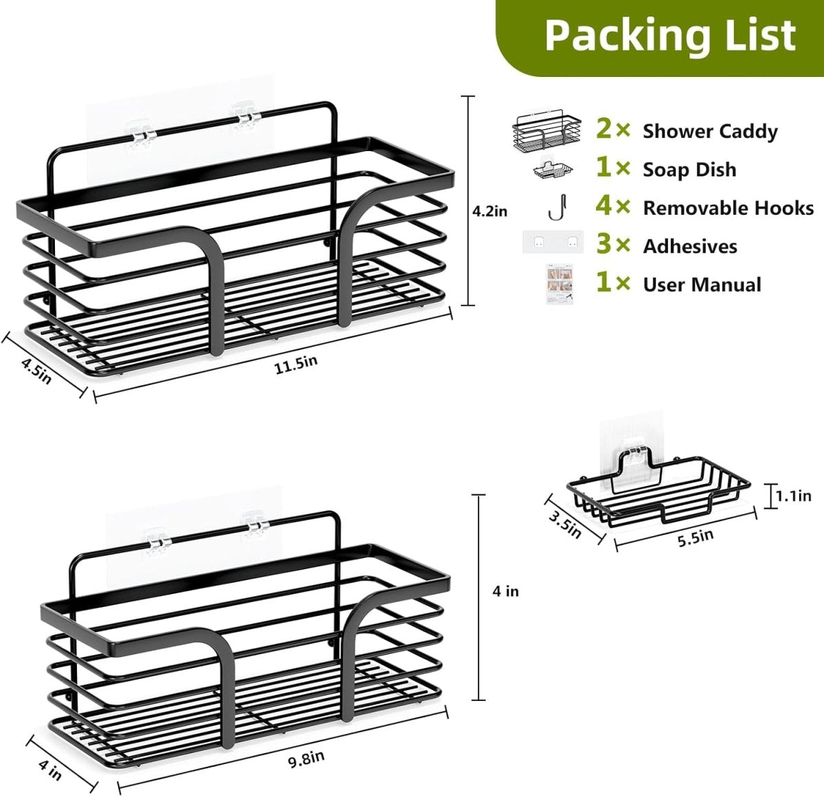 Shower Caddy, Adhesive Shower Organizer with Soap Dish and 4 Hooks, Rustproof Stainless Steel Shower Shelves, Wall Mounted No Drilling Storage Shelf Basket Accessories for Bathroom &amp; Kitchen - Homesidy.com