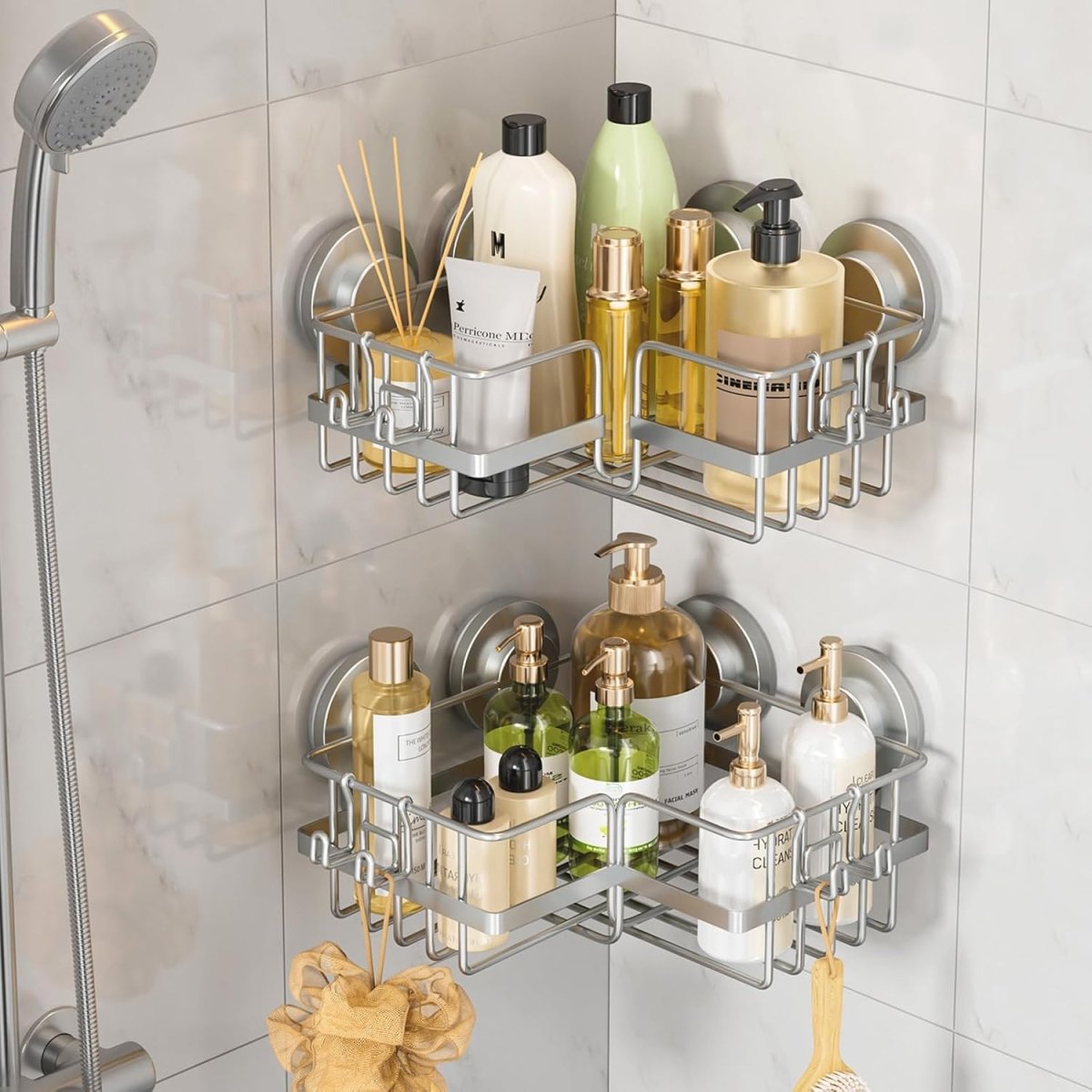 LEVERLOC Corner - adaptive Suction Cup Shower Caddies 2 Pack, Stainless Steel Rustproof Corner Shower Shelf, Large Capacity Removable Suction Cup Bathroom Organizer, Drill - Free Wall Mounted Basket, Gray - Homesidy.com