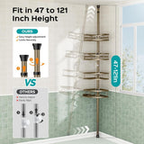 HAMITOR Corner Shower Caddy Tension Pole: Rustproof 4 - Tier Bathroom Organizer Shelves for Bathtub Shampoo Storage - 47 - 121 Inch Quick Install Adjustable Rod Standing Rack with Soap Rack - Silver Gray - Homesidy.com