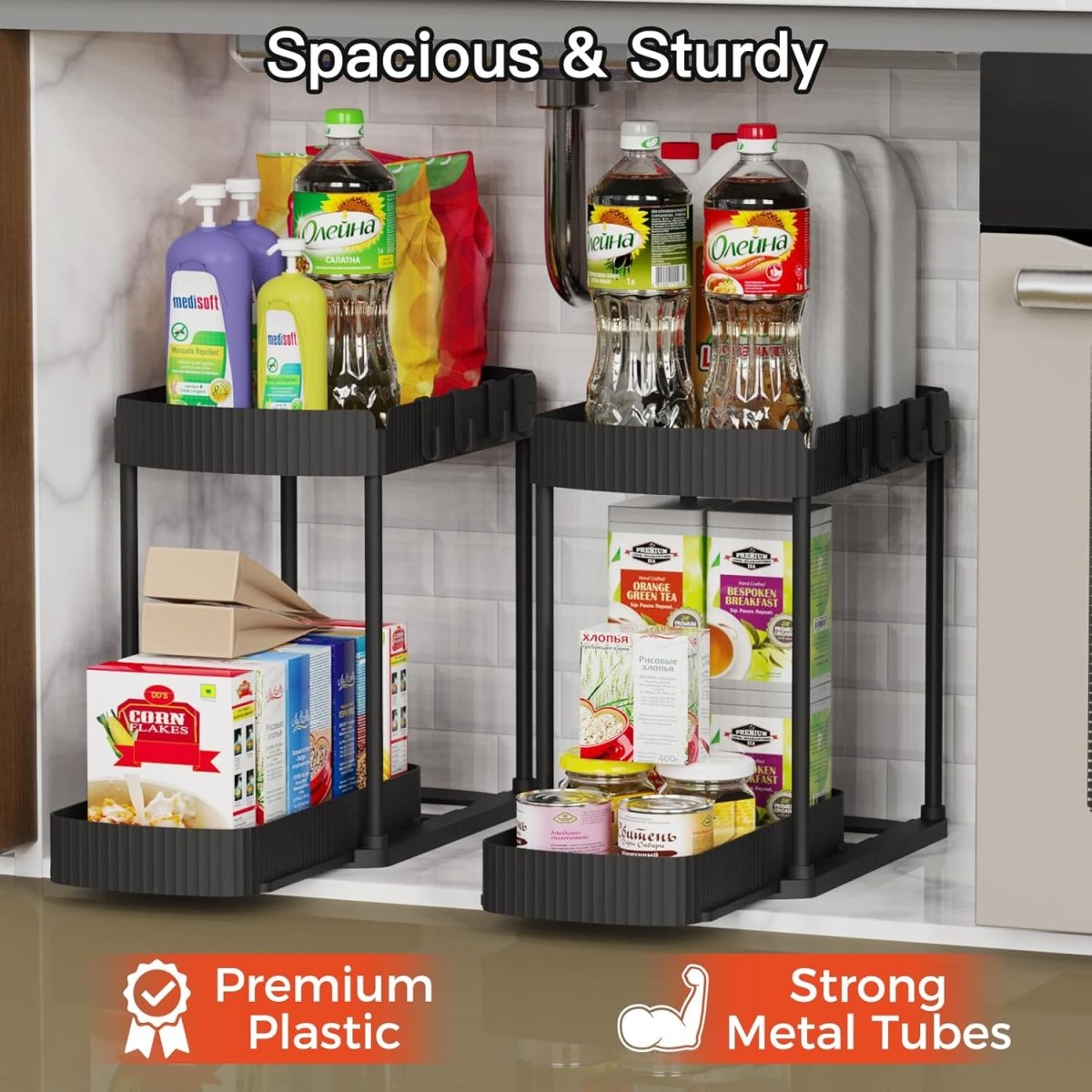 Ukeetap Multi - Purpose Pull - Out Storage Organizers, Under Sink/Cabinet Organizers and Storage for Bathroom &amp; Kitchen, Black, 12.8 Inches, 2 Packs - Homesidy.com