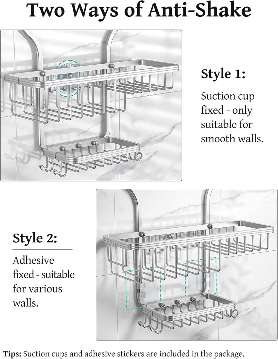 YASONIC Shower Caddy Hanging - Never Rust Shower Organizer - Aluminum Over The Head Caddy with 10 Hooks for Razor/Sponge - Rack with Soap Basket - Silver - Homesidy.com