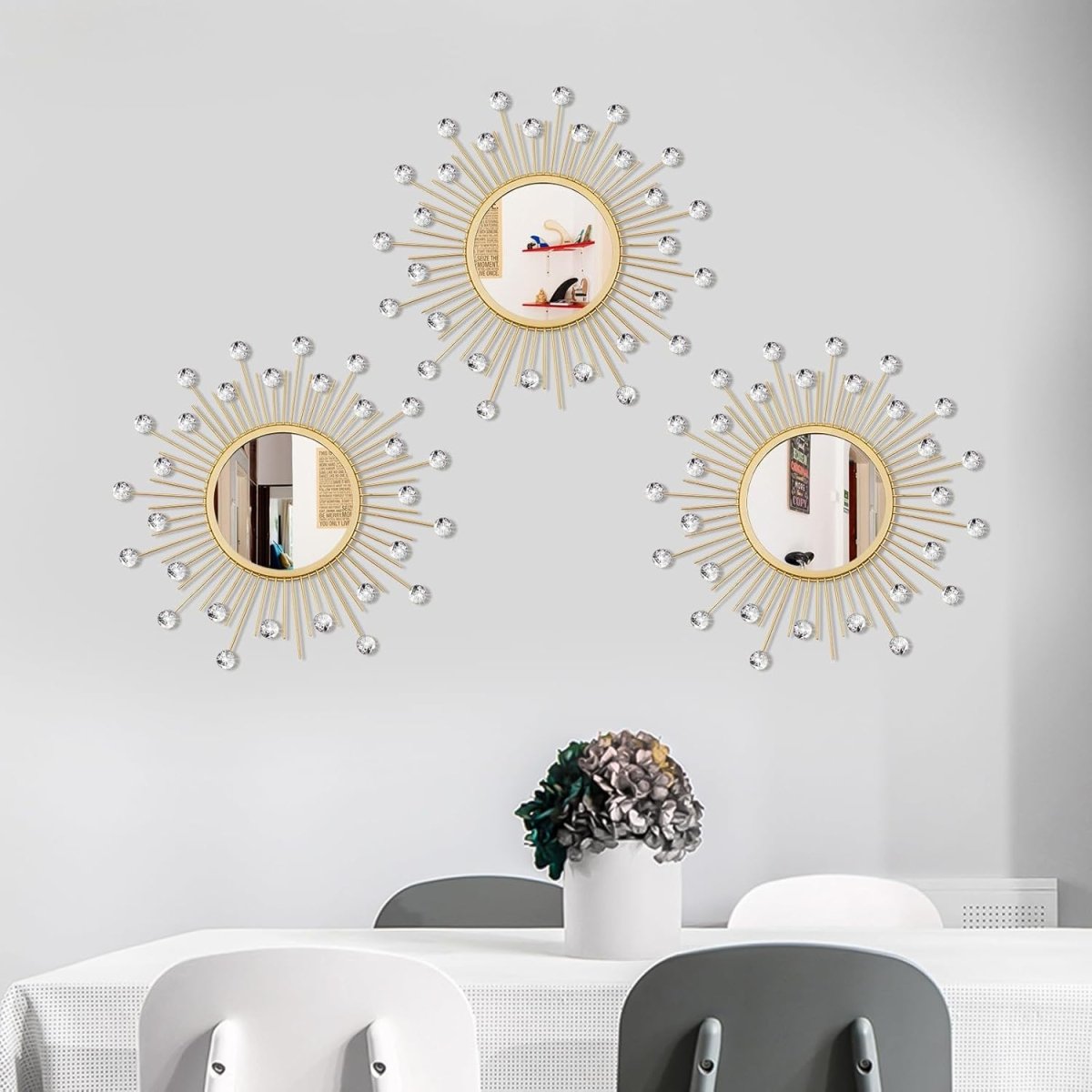 3 Pack Metal Mirrors for Wall Sunburst Wall Mirrors Home Décor Decorative Hanging Wall Art for Living Room Bedroom Entryway (Gold, Flower Sunburst) - Homesidy.com