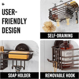 LEVERLOC Shower Caddy Suction Cup, 2 Pack Shower Shelves for Inside Shower with Hooks &amp; Soap Holder, NO - Drilling Bathroom Shower Organizer, Rustproof Meatl Shower Holder Storage, Black - Homesidy.com