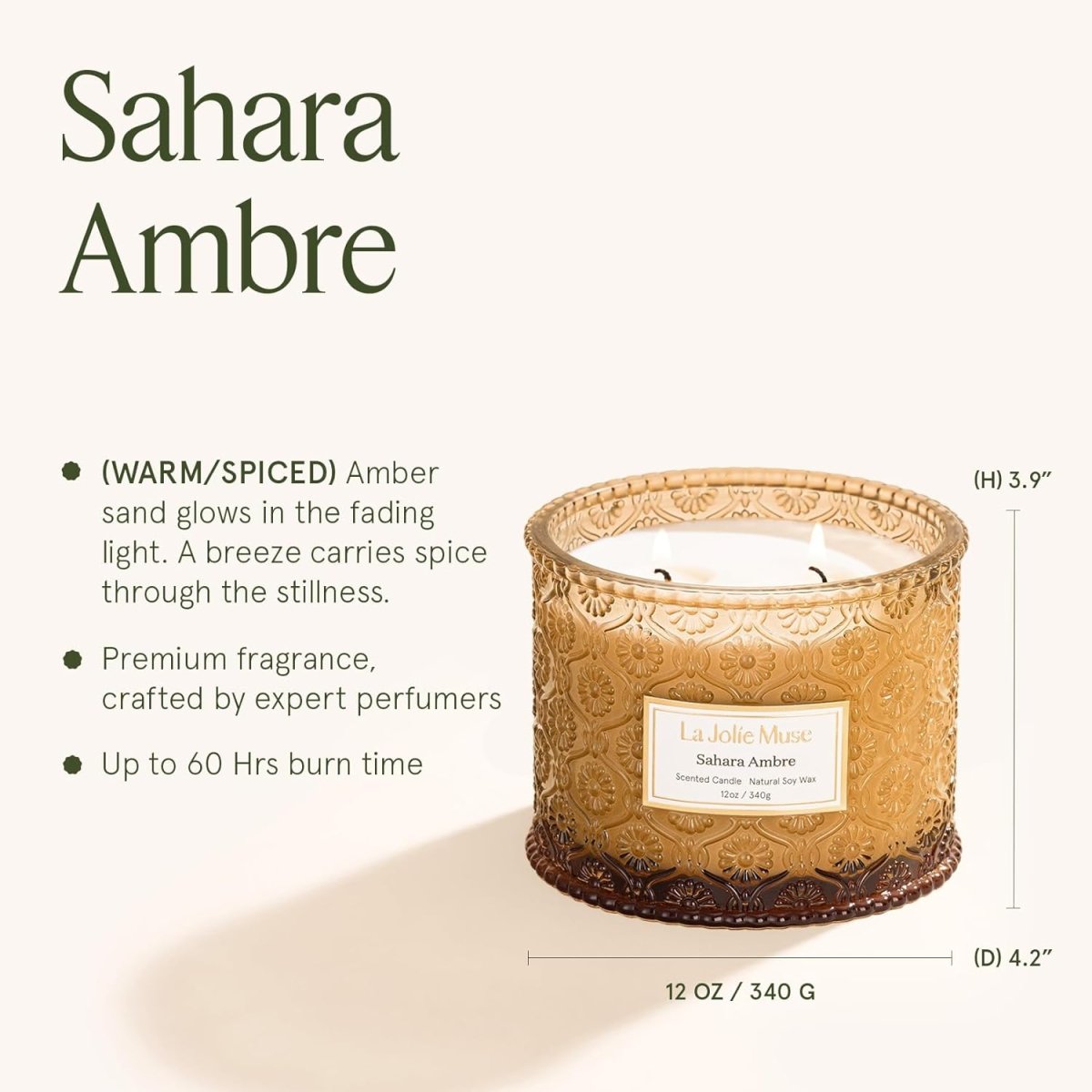 LA JOLIE MUSE Sahara Amber Candle – Bergamot, Clove &amp; Amber | 12 oz Large 2 - Wick Soy Wax Candle | 60 Hours Clean Burn | Gift - Ready for Hosts &amp; Gatherings | Elegant Home Décor - Homesidy.com