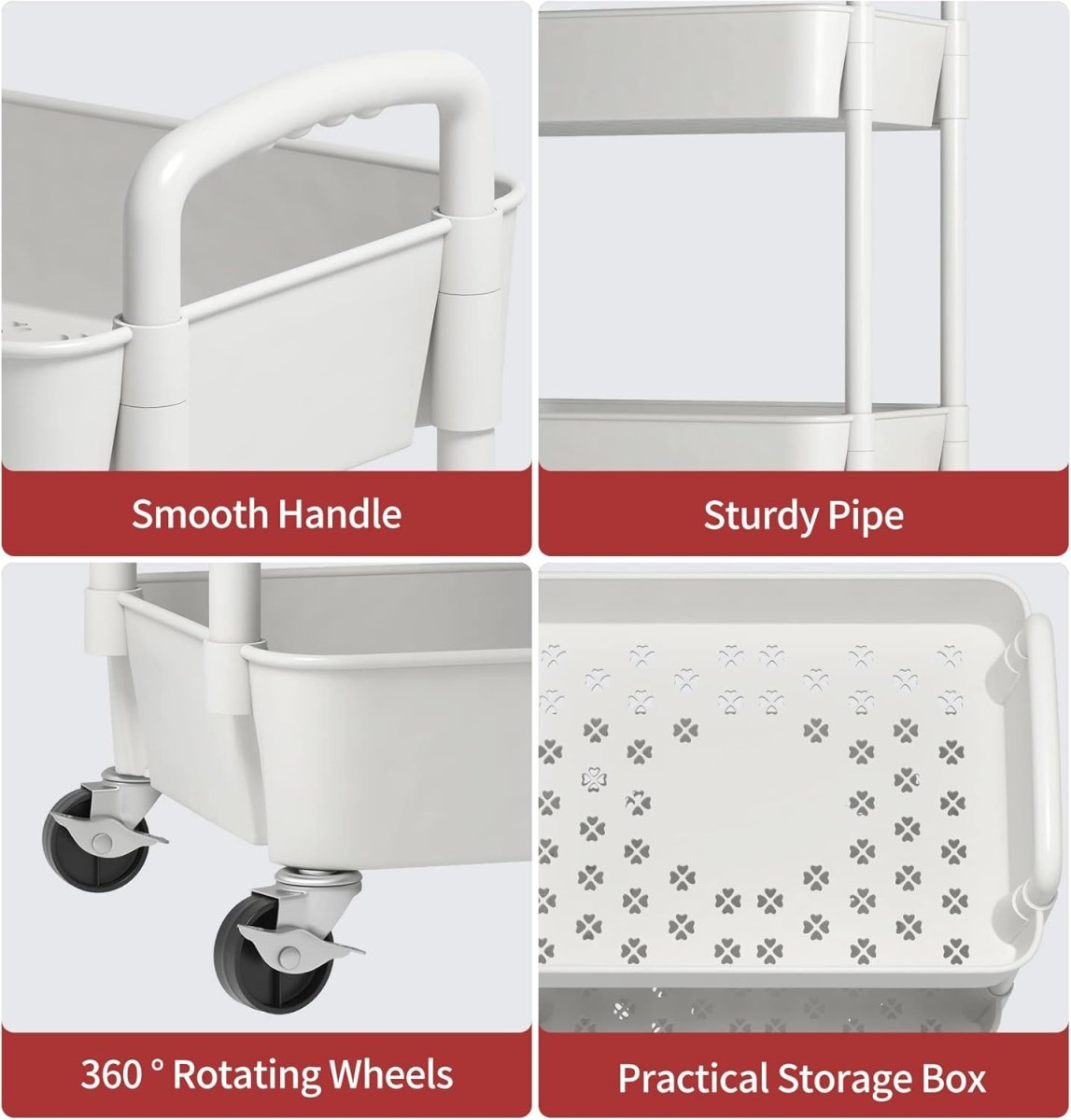 Sywhitta 3 - Tier Plastic Rolling Utility Cart with Handle, Multi - Functional Storage Trolley for Office, Living Room, Kitchen, Movable Storage Organizer with Wheels, White - Homesidy.com