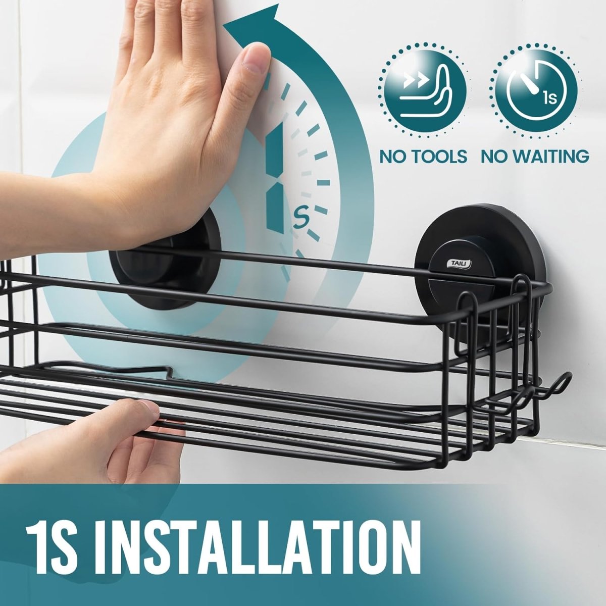 TAILI Shower Caddy Suction Cup 2 Pack with Hooks &amp; Soap holder, Heavy Duty Shower Organizer for Bathroom, No Drilling Bathroom Organizer with Large Capacity, Black Metal Storage Basket - Homesidy.com