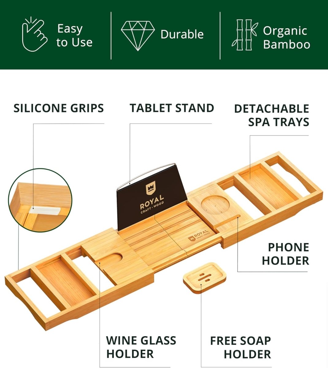ROYAL CRAFT WOOD Bathtub Tray Caddy for Tub, Bamboo Bath Shelf, Premium Foldable Wood Bath Table, Expandable Bathtub &amp; Bathroom Accessories, New Home Gifts for Mom, Housewarming, Anniversary, Wedding - Homesidy.com