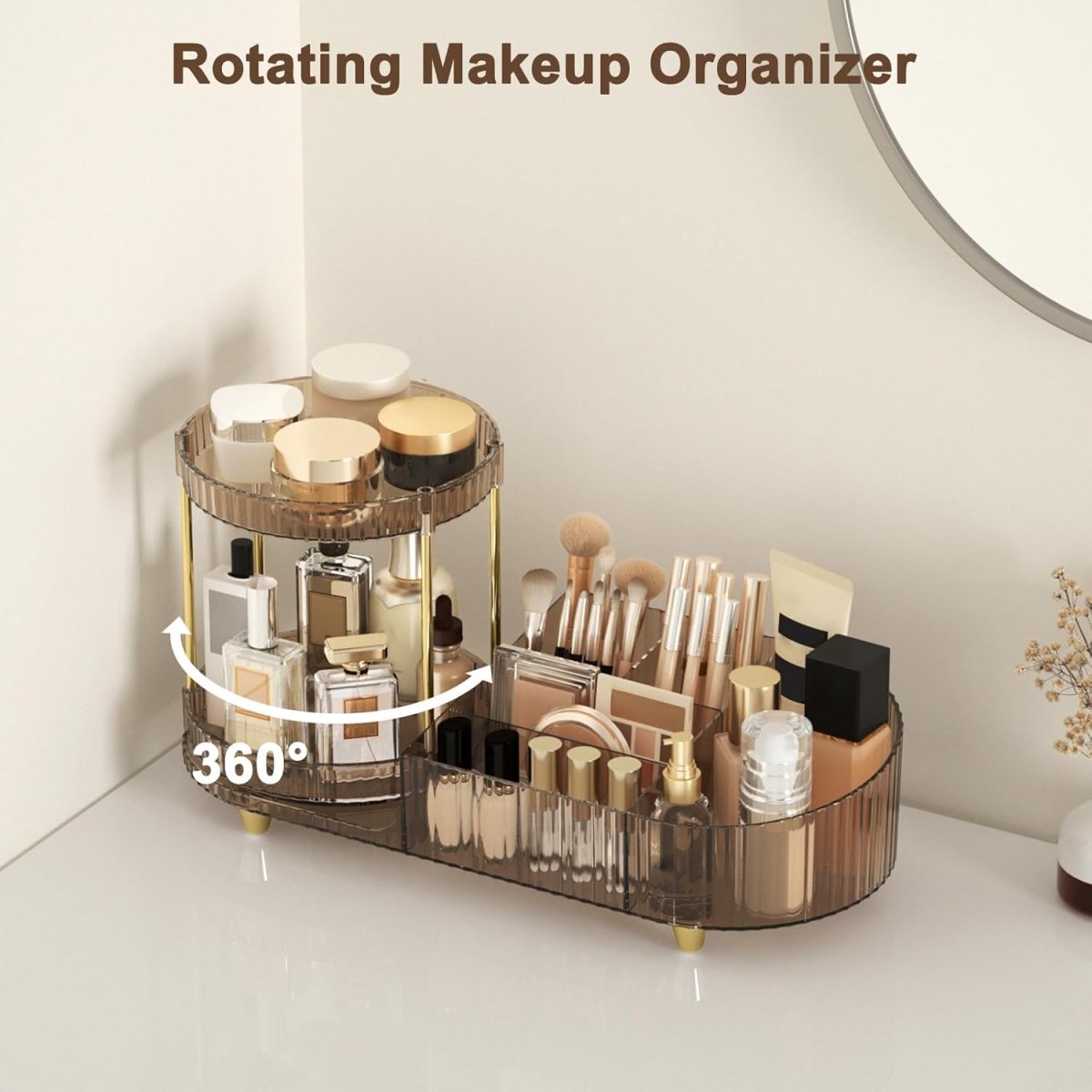 Makeup Organizer Countertop for Vanity, Rotating Perfume Tray with 5 - compartment Cosmetic and Skincare Organizers, Multi - Purpose Desk Storage Makeup Brush Holder for Bathroom Bedroom Counter - Homesidy.com