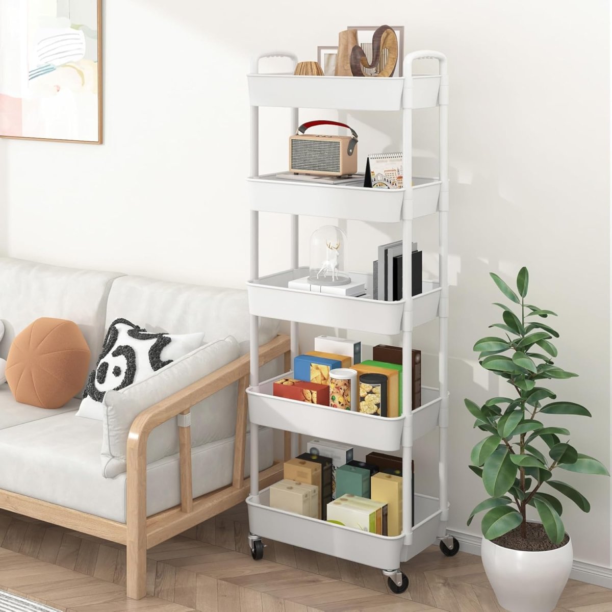 Sywhitta 3 - Tier Plastic Rolling Utility Cart with Handle, Multi - Functional Storage Trolley for Office, Living Room, Kitchen, Movable Storage Organizer with Wheels, White - Homesidy.com