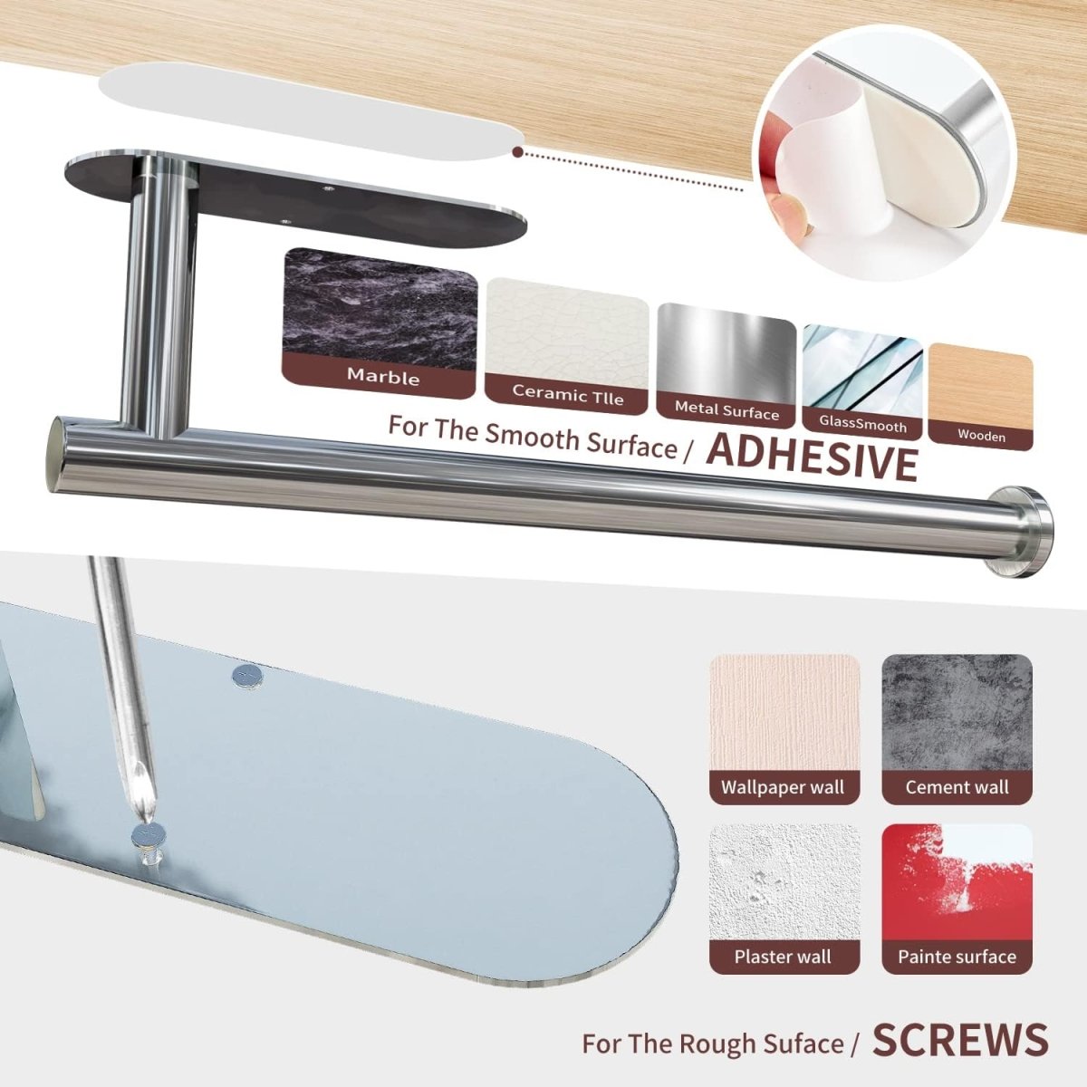 DEKAVA Paper Towel Holder Under Cabinet Wall Mount for Kitchen Towel, Self - Adhesive Bar, Rack, SUS304 Stainless Steel 13 inch (BlackA, 1) - Homesidy.com