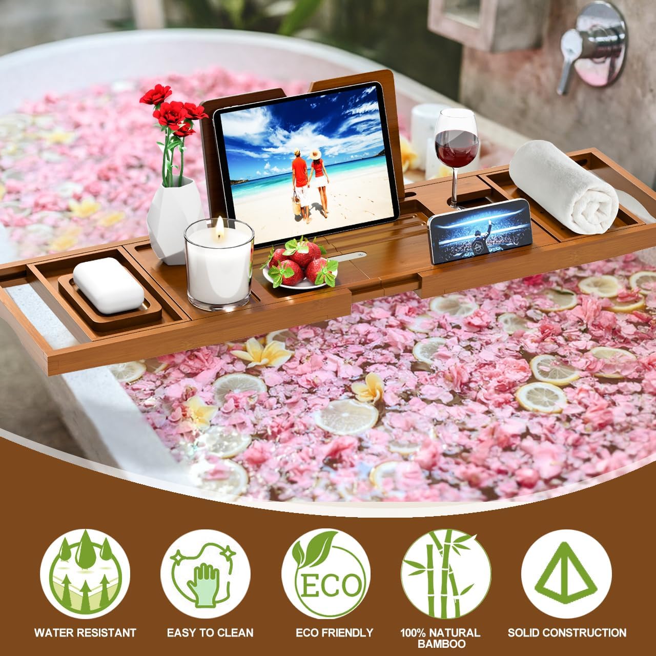 Premium Bamboo Bathtub Tray Caddy - Bath Tub Tray Table for Bathtub - Bath Caddy Tray for Bathtub, Expandable Size, Fits Most Bath Tubs - Homesidy.com