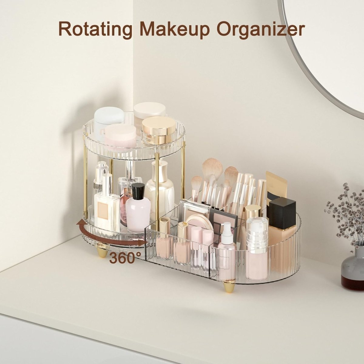 Makeup Organizer Countertop for Vanity, Rotating Perfume Tray with 5 - compartment Cosmetic and Skincare Organizers, Multi - Purpose Desk Storage Makeup Brush Holder for Bathroom Bedroom Counter - Homesidy.com