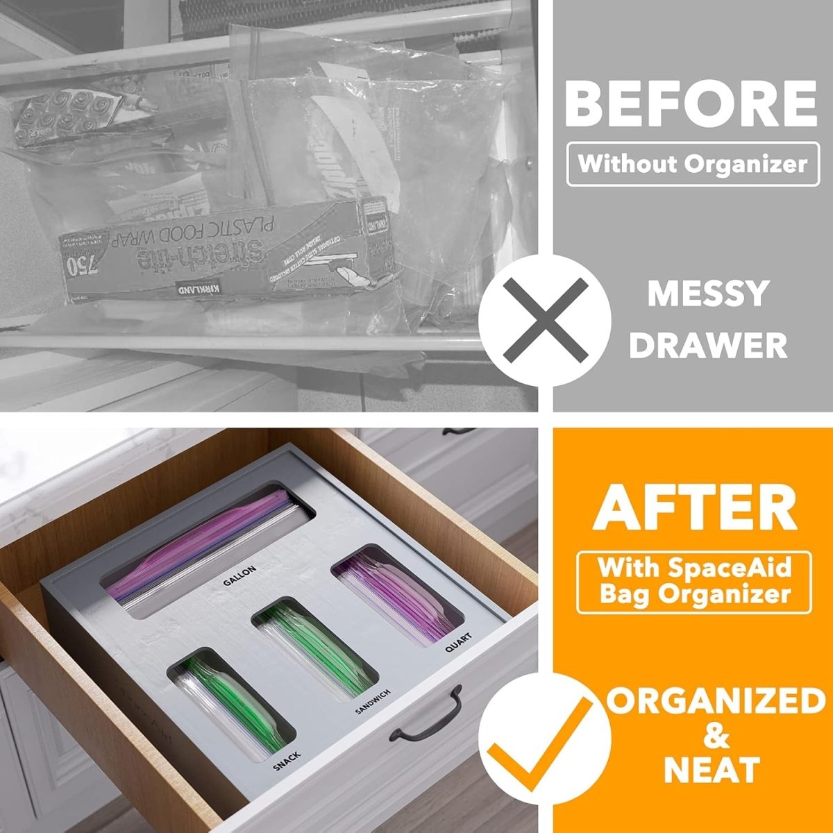SpaceAid Bag Storage Organizer for Kitchen Drawer, Bamboo Organizer, Compatible with Gallon, Quart, Sandwich and Snack Variety Size Bag (1 Box 4 Slots) - Homesidy.com