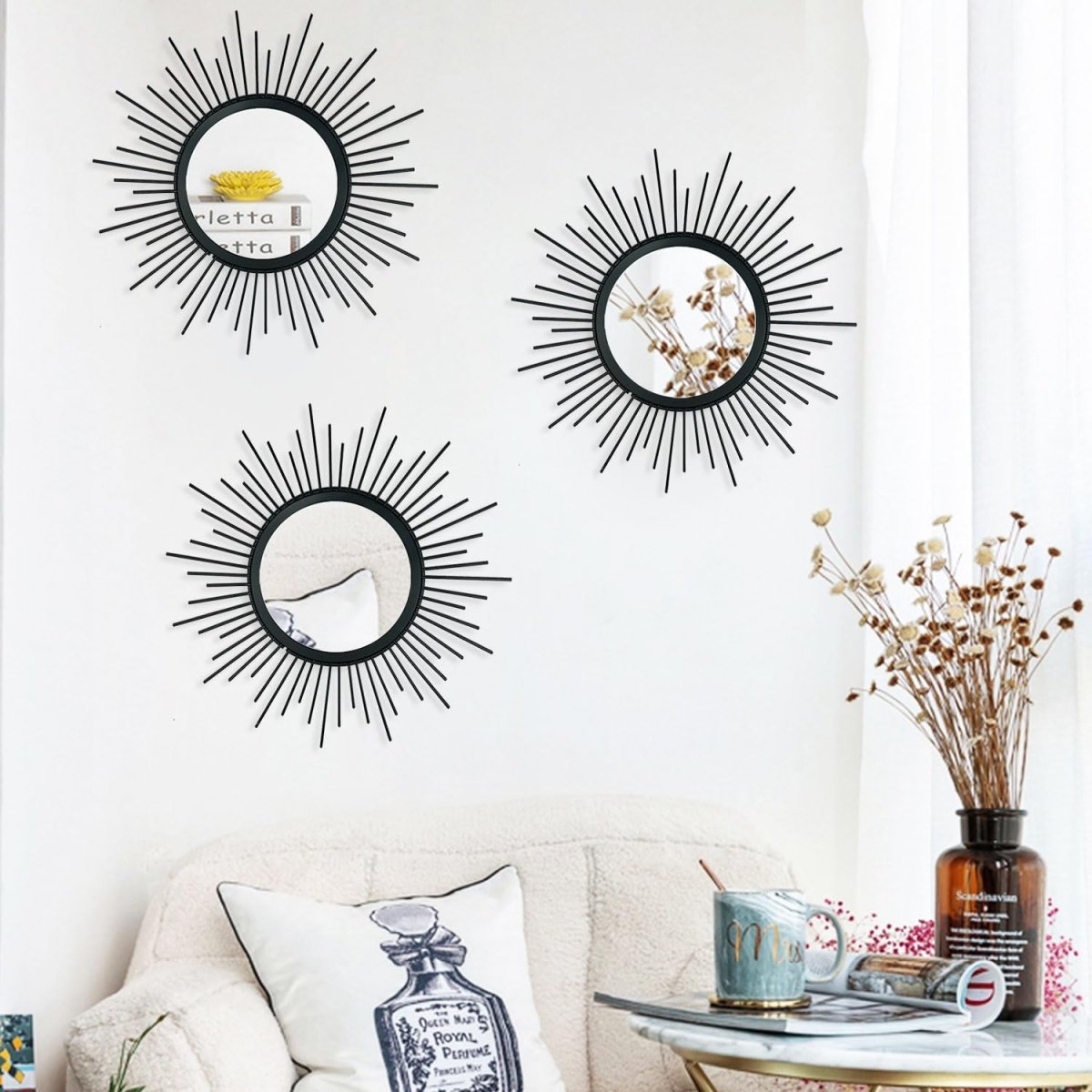 3 Pack Metal Mirrors for Wall Sunburst Wall Mirrors Home Décor Decorative Hanging Wall Art for Living Room Bedroom Entryway (Gold, Flower Sunburst) - Homesidy.com