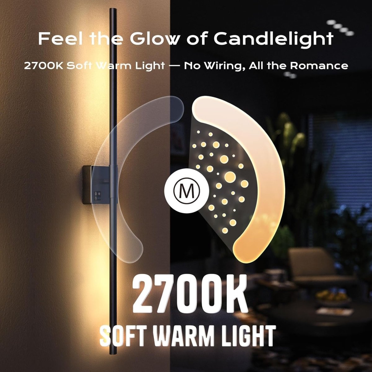 31in Wireless Wall Sconces Set of Two, [Creates Sunset Glow Ambiance] Dimmable 2700K–6000K with 8000mAh Battery &amp; Display, Touch/Remote Control, Rechargeable Wall Lamps for Home Decor – Black - Homesidy.com