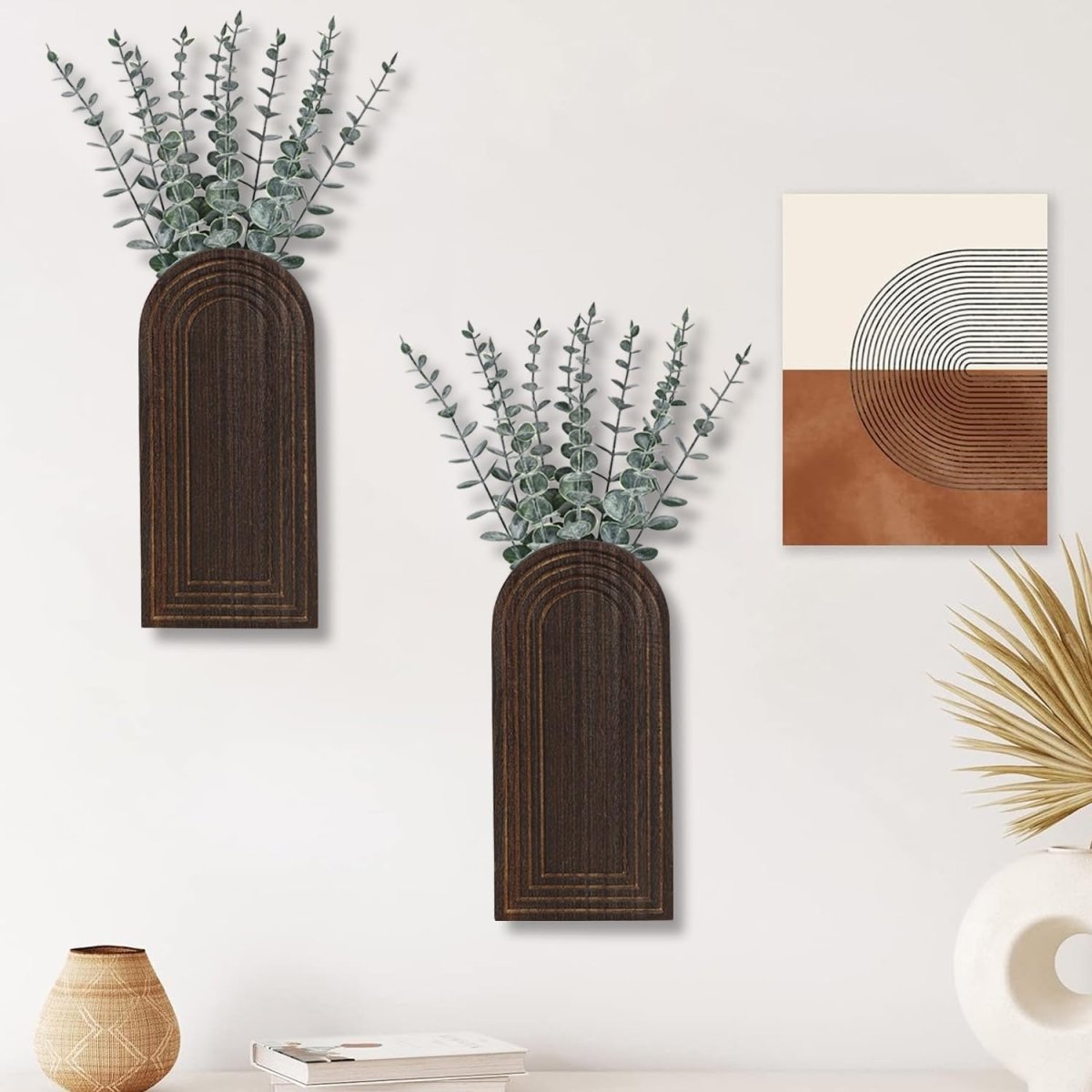Dnnnii 2 Pack Wooden Wall Vase Set - Brown Finish Modern Farmhouse &amp; Boho Wall Decor for Entryway, Hallway, Bathroom, Living Room, Dining Room, Narrow Spaces - Homesidy.com