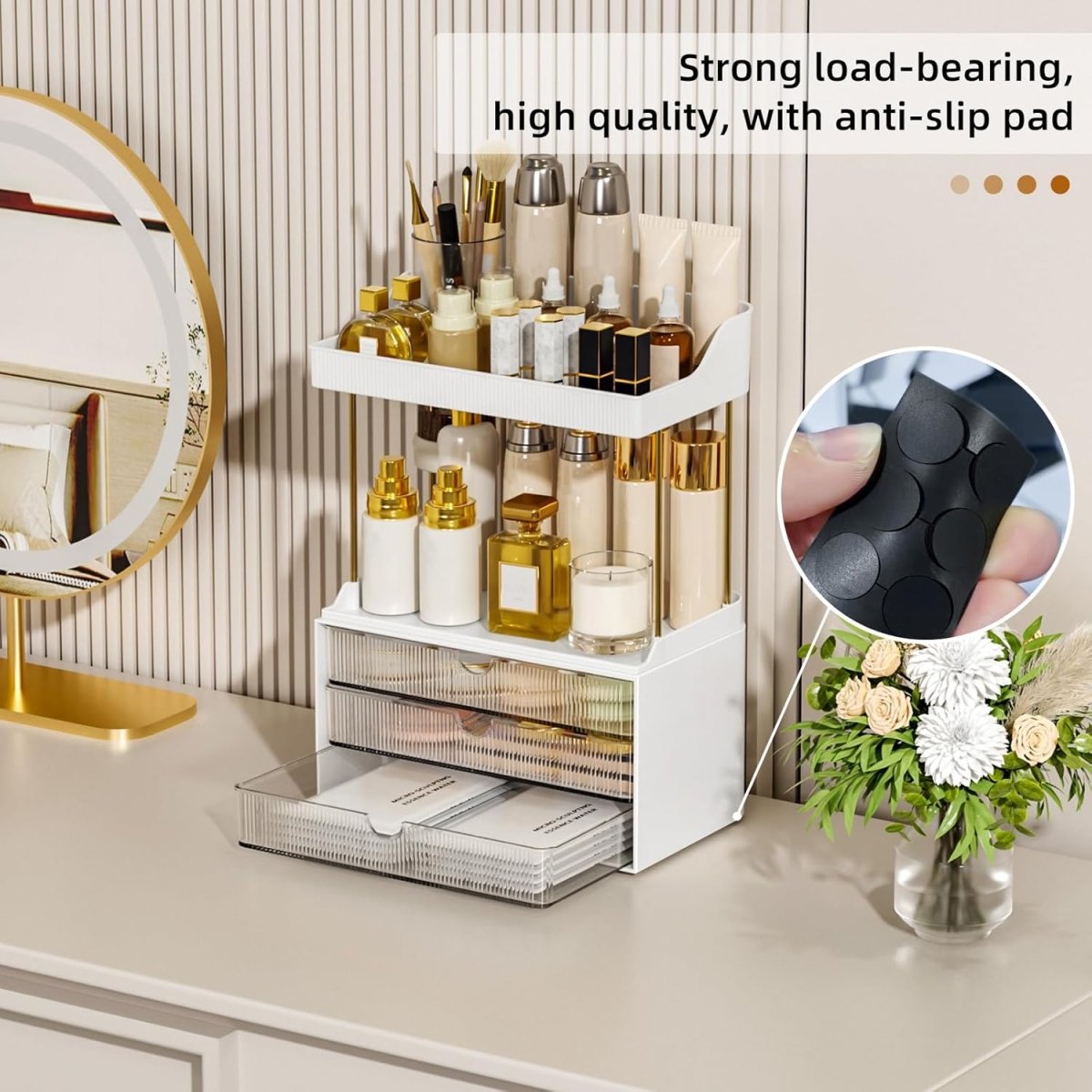 StorBin 3 Drawers Makeup Organizer - 5 Tier Bathroom Counter Organizers and Storage, Versatile Perfume Vanity Organizer, Ideal for Cosmetic, Large Skincare, Face Mask, Office Supplies, Amber - Homesidy.com