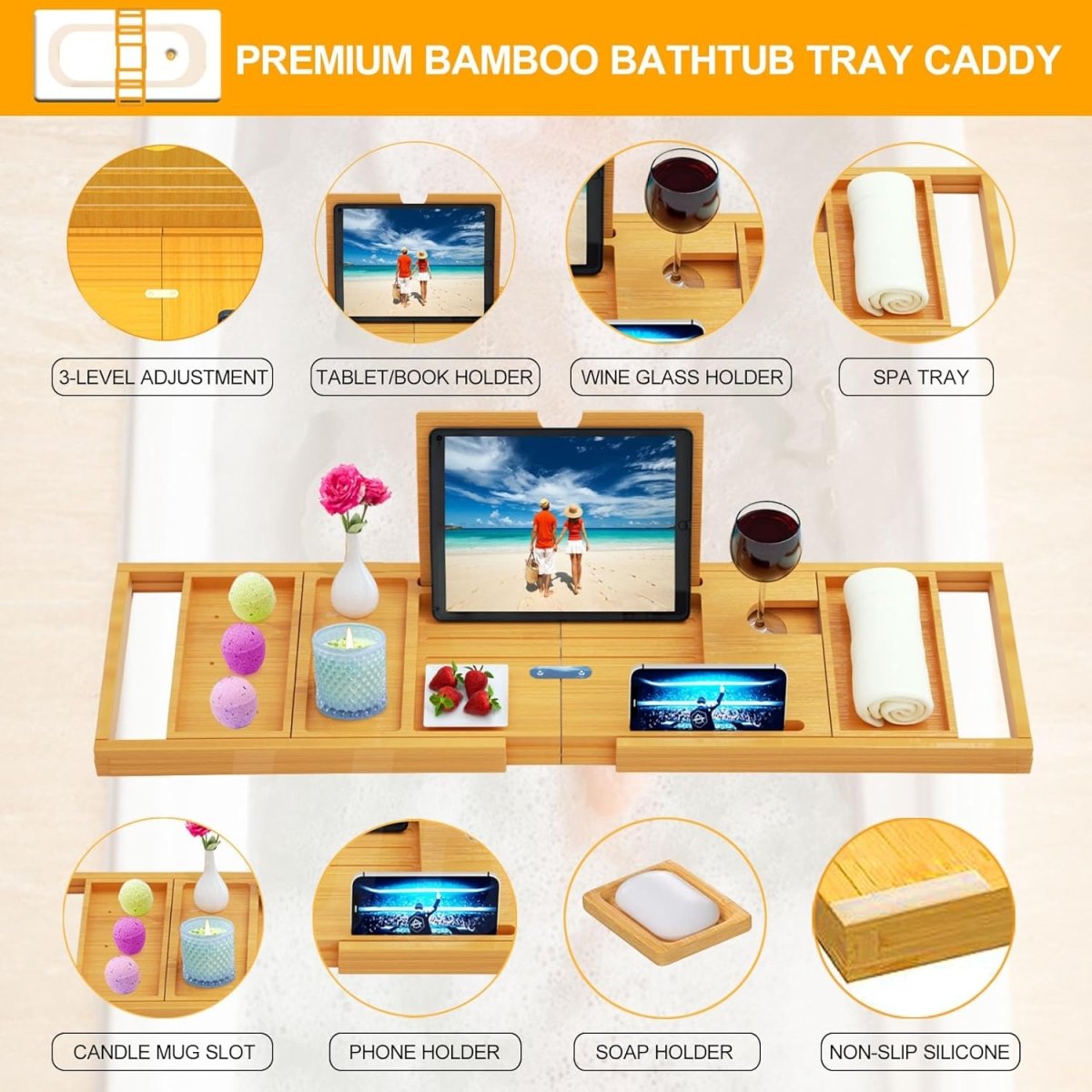 Premium Bamboo Bathtub Tray Caddy - Bath Tub Tray Table for Bathtub - Bath Caddy Tray for Bathtub, Expandable Size, Fits Most Bath Tubs - Homesidy.com