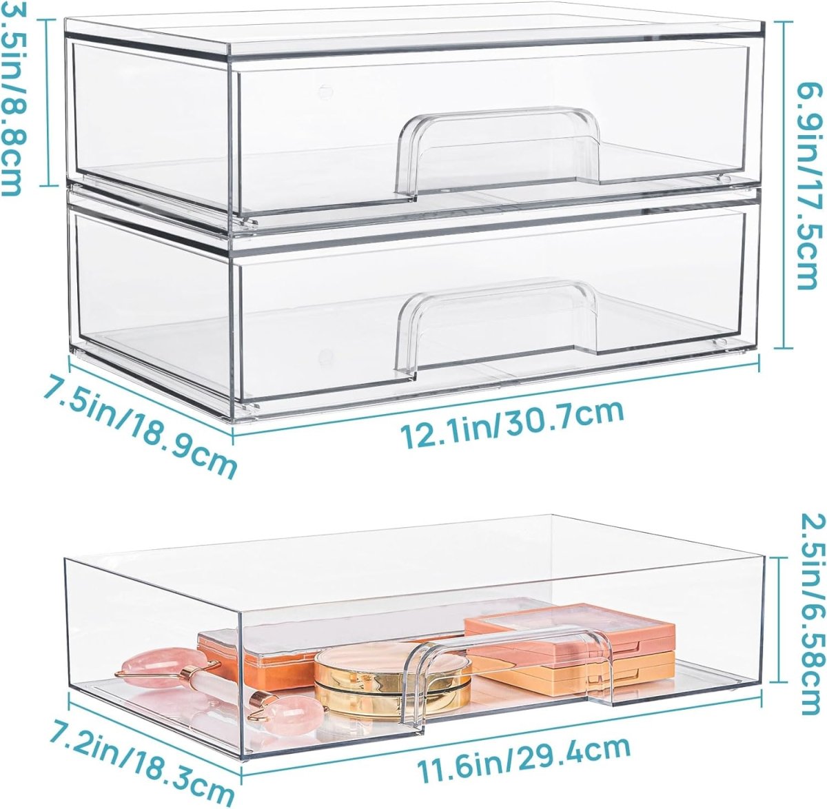 Vtopmart 12.1W Clear Stackable Storage Drawers,2 Pack Acrylic Plastic Organizers Bins for Makeup Palettes, Cosmetics, and Beauty Supplies,Ideal for Vanity, Bathroom,Cabinet,Desk Organization - Homesidy.com