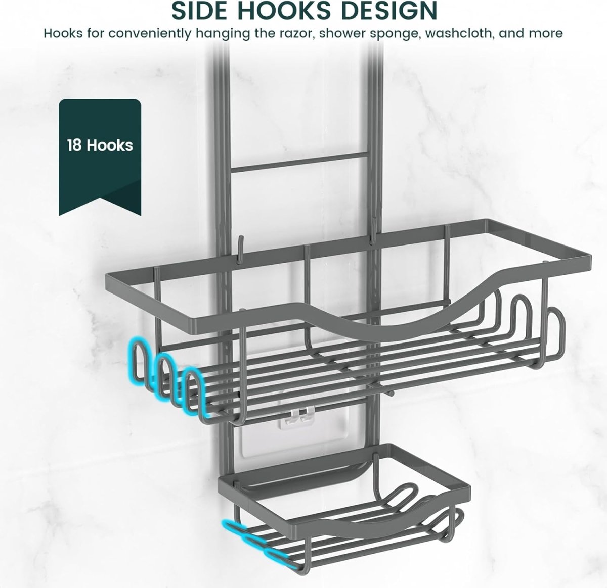Shower Caddy Hanging Adjustable Shower Caddy, Rustproof Shower Organizer Extended Length Shower Caddy Over Shower Head with Hooks Soap Holder, Large Capacity Anti - Swing Bathroom Organizer, Black - Homesidy.com
