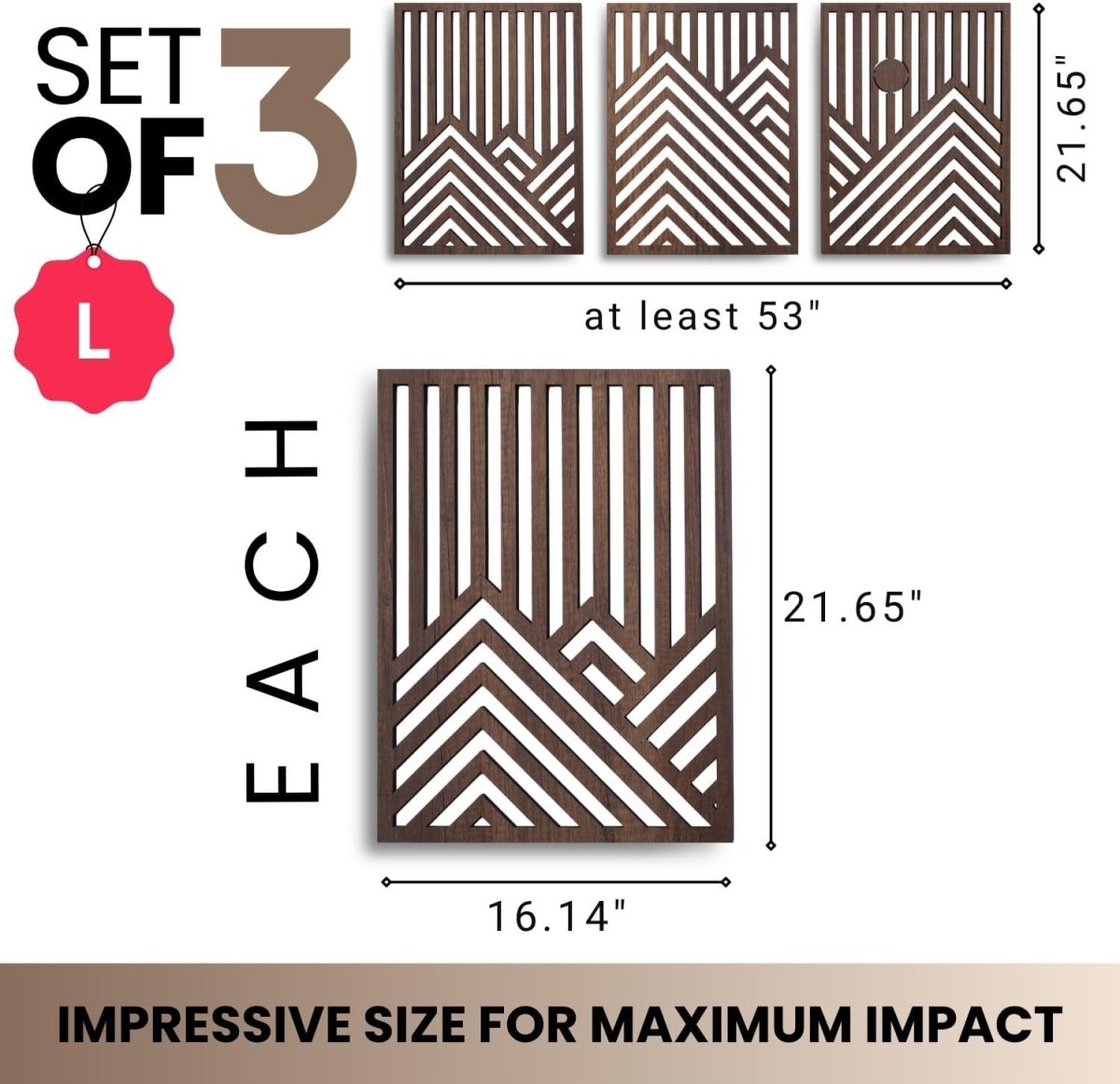 qmmp Modern Wooden Wall Sculptures - Set of 3 - MDF - Oak - Home Decor Accent - Large Wall Art for Living Room, Bedroom, Office - Easy Installation (Oak, Medium - Mountain and Sun, Unframed) - Homesidy.com