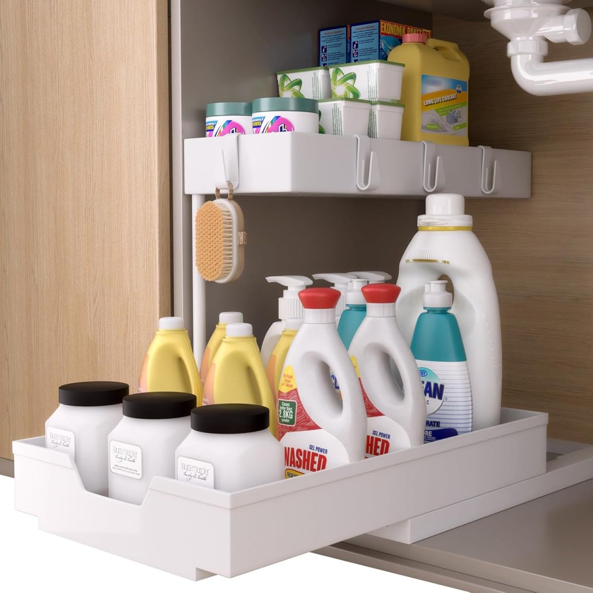 2 Pack Under Sink Organizer 2 Tier Sliding Cabinet Organizers Multi - Purpose Sink Storage Basket L - Shape Narrow Space Storage Shelves with 4 Hook for Kitchen Bathroom Drawer, Black - Homesidy.com