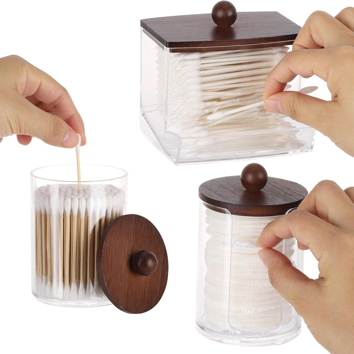 Tbestmax Qtips Holder Bathroom Container, 10 OZ Cotton Ball/Swabs Dispenser, Apothecary Jar Organizer for Storage Brown Wood Lids - Homesidy.com