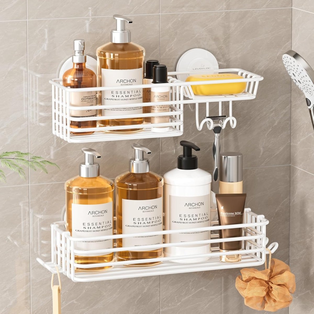 LEVERLOC Shower Caddy Suction Cup, 2 Pack Shower Shelves for Inside Shower with Hooks &amp; Soap Holder, NO - Drilling Bathroom Shower Organizer, Rustproof Meatl Shower Holder Storage, Black - Homesidy.com