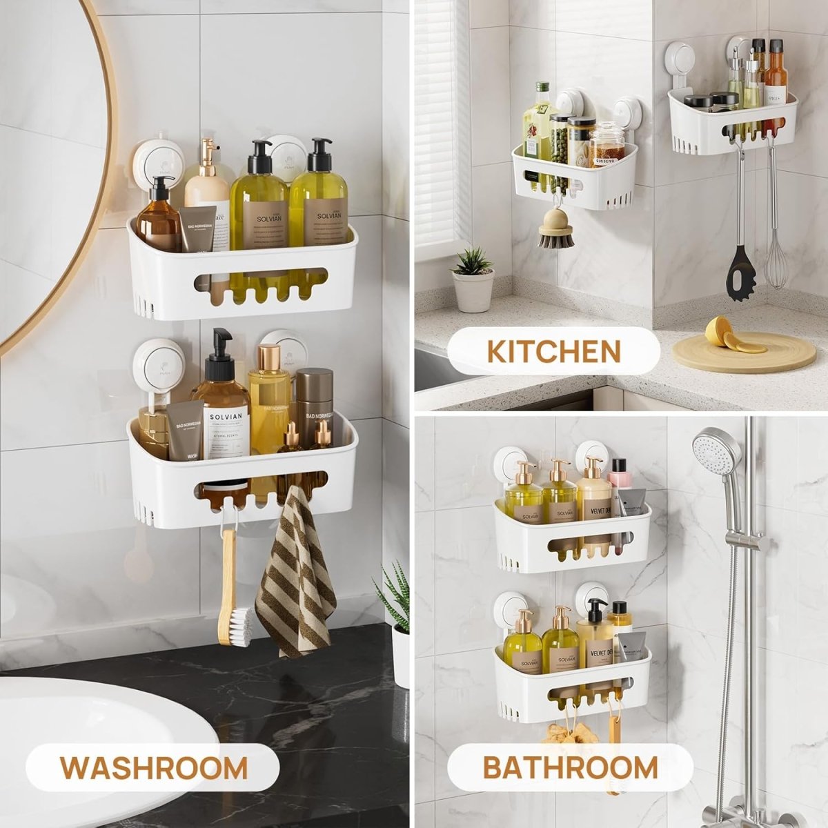 LEVERLOC Shower Caddy Suction Cup, Shower Organizer Removable Bathroom Shelf, Storage Suction Powerful Max Hold 22lbs Bathroom Caddy Waterproof Holder, White - Homesidy.com