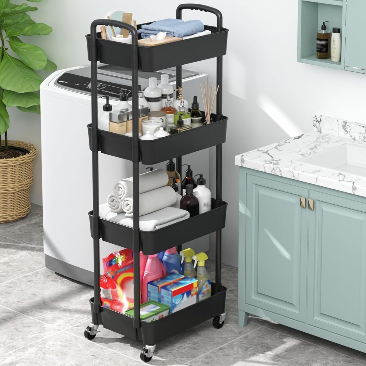 Sywhitta 3 - Tier Plastic Rolling Utility Cart with Handle, Multi - Functional Storage Trolley for Office, Living Room, Kitchen, Movable Storage Organizer with Wheels, White - Homesidy.com