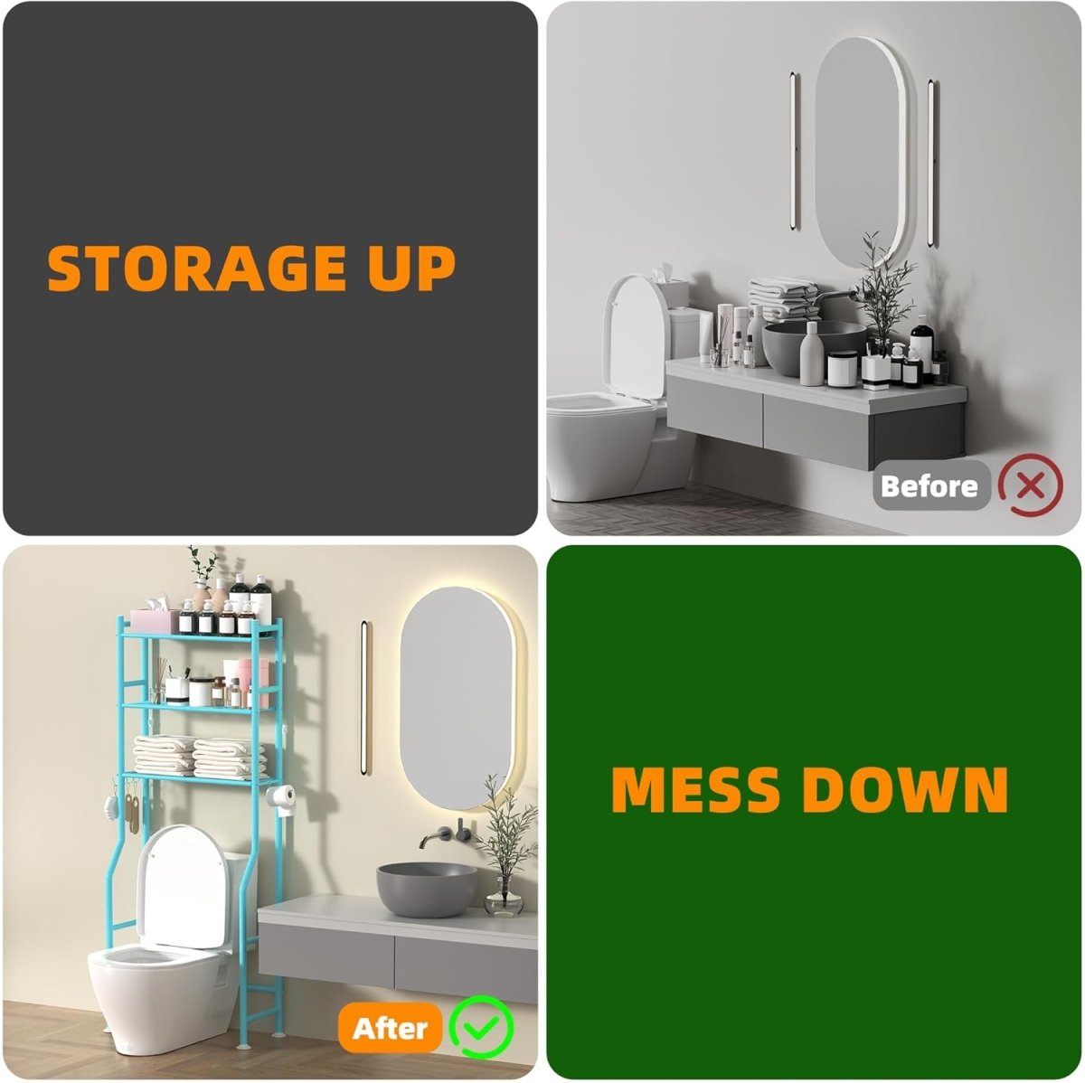 GloTika 3 - Tier Over The Toilet Storage, Space Saver Metal Bathroom Shelves, Freestanding Above Over Toilet Storage Shelf with 4 Hooks for Bathroom, Black - Homesidy.com