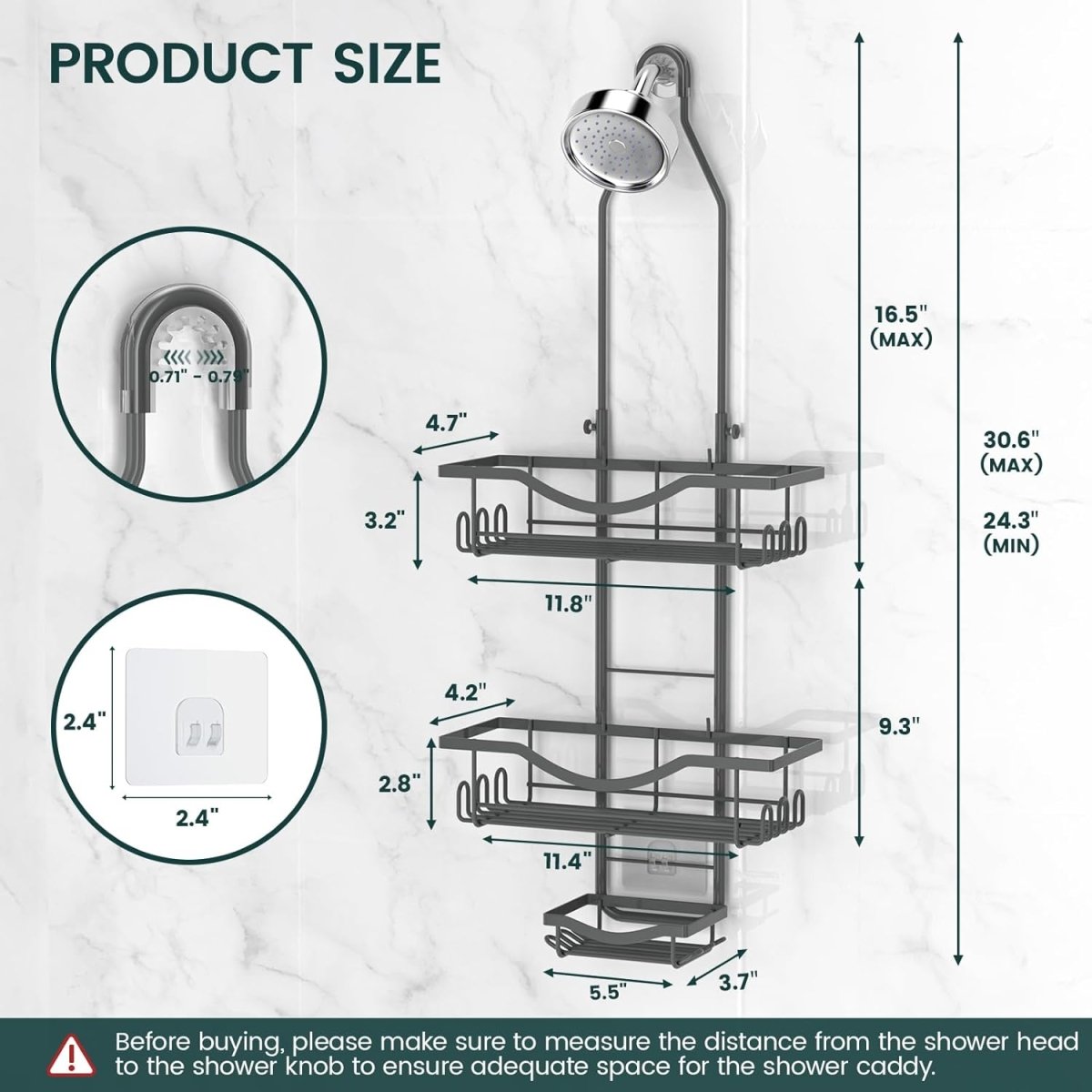 Shower Caddy Hanging Adjustable Shower Caddy, Rustproof Shower Organizer Extended Length Shower Caddy Over Shower Head with Hooks Soap Holder, Large Capacity Anti - Swing Bathroom Organizer, Black - Homesidy.com