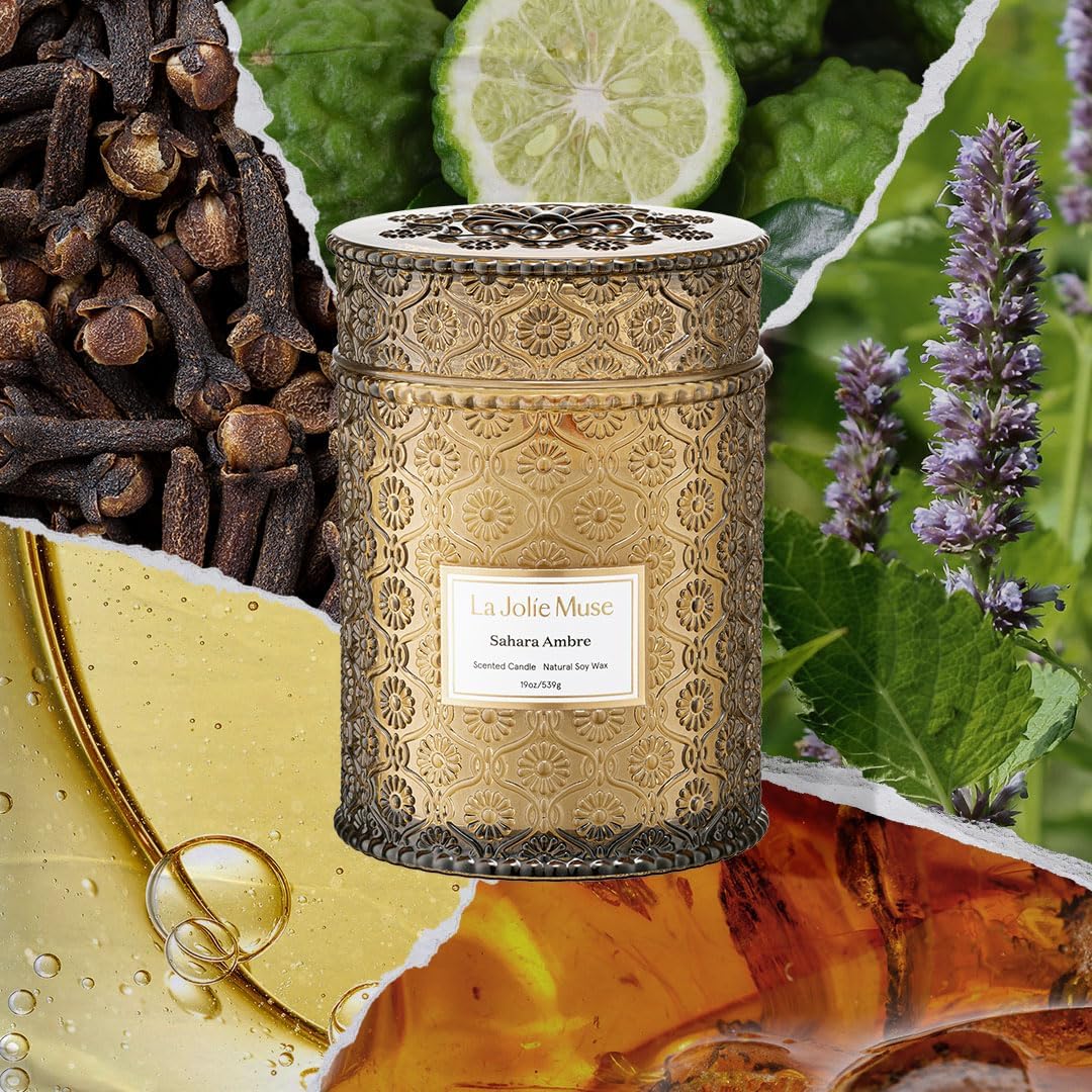 LA JOLIE MUSE Sahara Amber Candle – Bergamot, Clove &amp; Amber | 12 oz Large 2 - Wick Soy Wax Candle | 60 Hours Clean Burn | Gift - Ready for Hosts &amp; Gatherings | Elegant Home Décor - Homesidy.com
