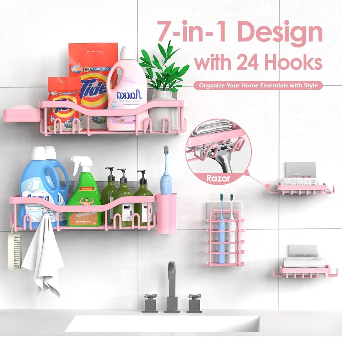 NESOMI Shower Caddy Adhesive Shower Organizer 7 - Pack, Rustproof Stainless Steel Bathroom Shelves, Large Capacity No - Drill Rack Storage Accessories with Soap Dish Toothbrush Holder &amp;24 Hooks Home Decor - Homesidy.com