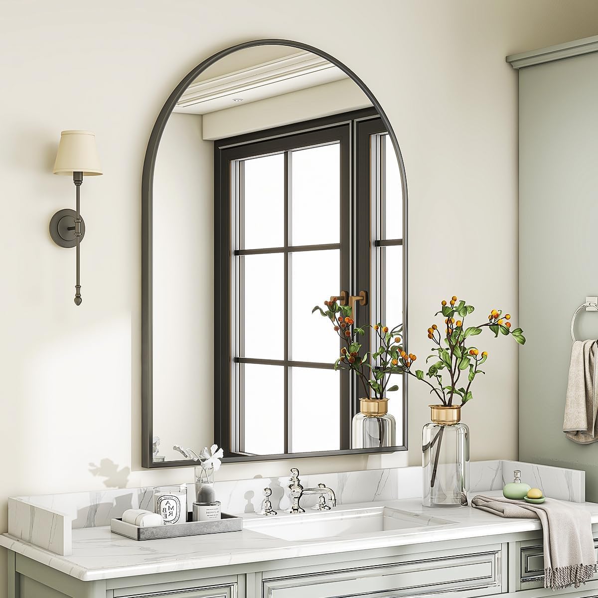 VooBang Arched Wall Mirror, 30 x 38 inch Arch Bathroom Mirror, Wall Mounted Vanity Mirror with Arch Metal Frame, Modern Bathroom Vanity Mirror for Bedroom, Living Room, Hanging or Leaning, Black - Homesidy.com