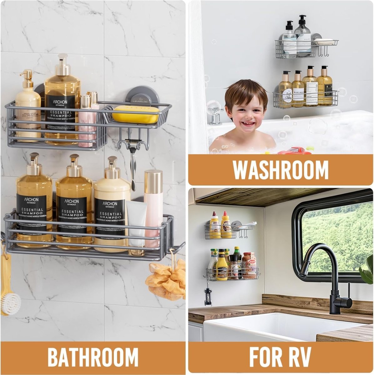 LEVERLOC Shower Caddy Suction Cup, 2 Pack Shower Shelves for Inside Shower with Hooks &amp; Soap Holder, NO - Drilling Bathroom Shower Organizer, Rustproof Meatl Shower Holder Storage, Black - Homesidy.com