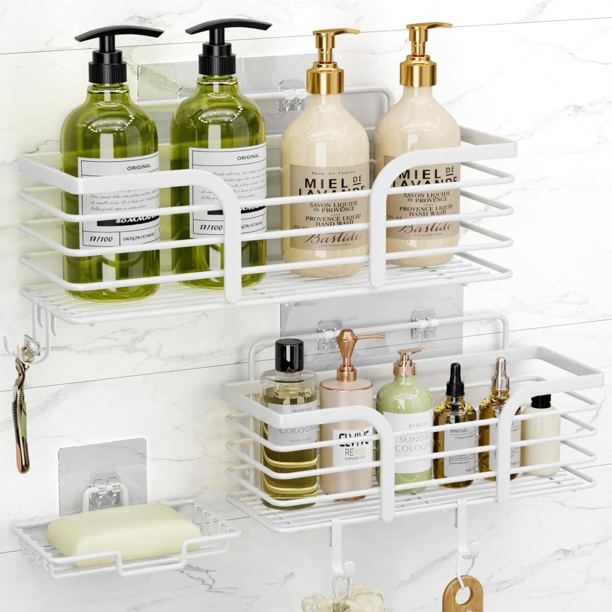 Shower Caddy, Adhesive Shower Organizer with Soap Dish and 4 Hooks, Rustproof Stainless Steel Shower Shelves, Wall Mounted No Drilling Storage Shelf Basket Accessories for Bathroom &amp; Kitchen - Homesidy.com